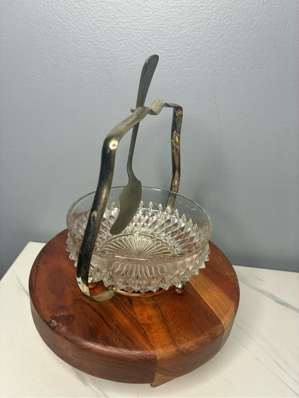 Vintage Pressed Glass Jam Bowl With Silver Plate Holder & Spoon